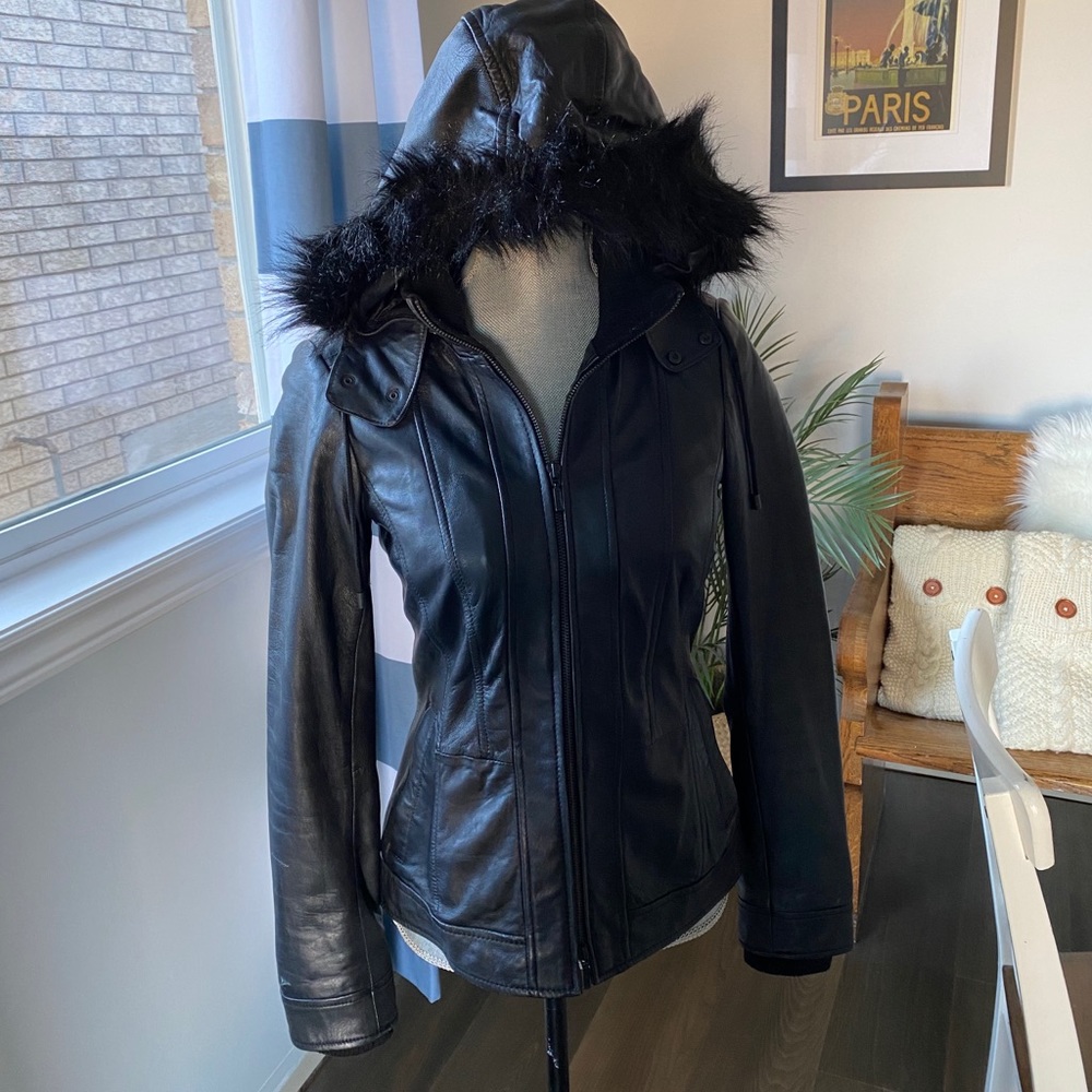 Leather jacket with hood